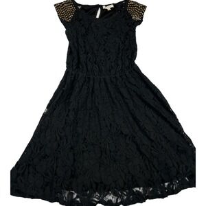 Love Fire Black Lace Fit & Flare Dress Small Studded Shoulder Cap Sleeve Party